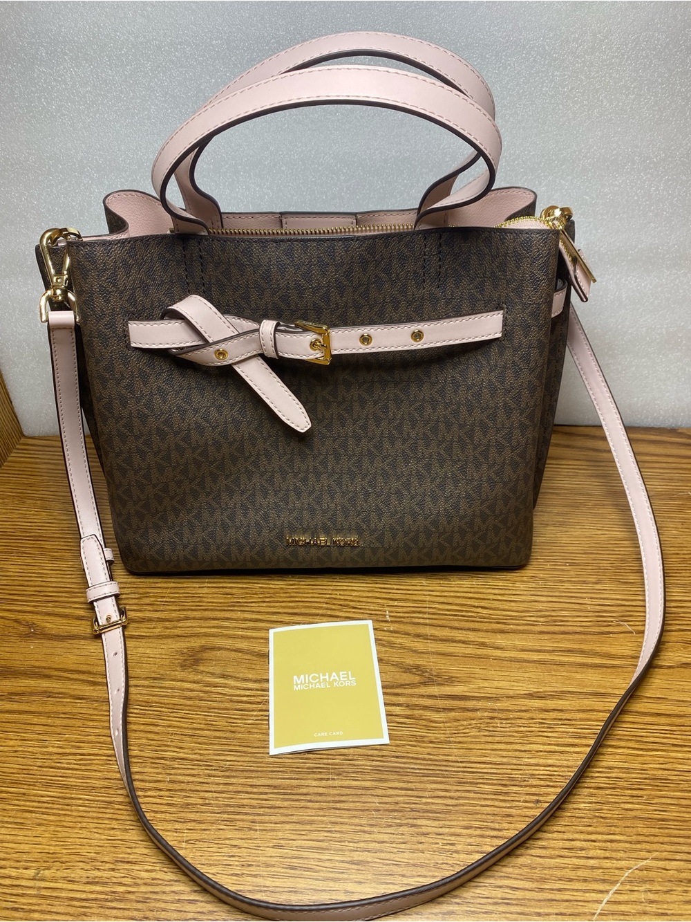 Michael Kors Emilia Large Satchel Shoulder Crossbody Bag MK Brown/Pink